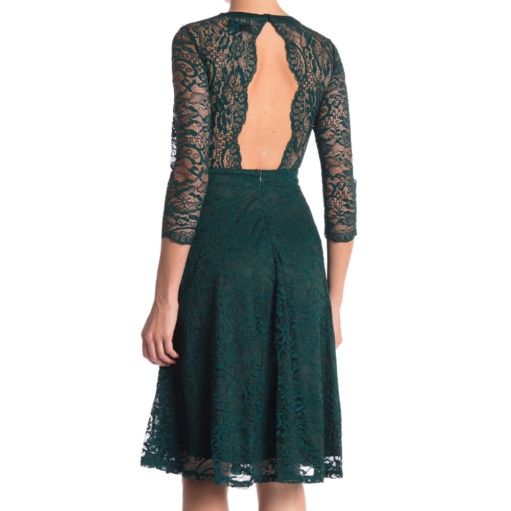 Alexia Admor V-Neck Lace Fit & Flare Dress Cutout Back Green Xs Nwt